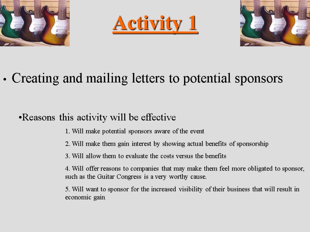 Activity 1 Creating and mailing letters to potential sponsors Reasons this activity will be